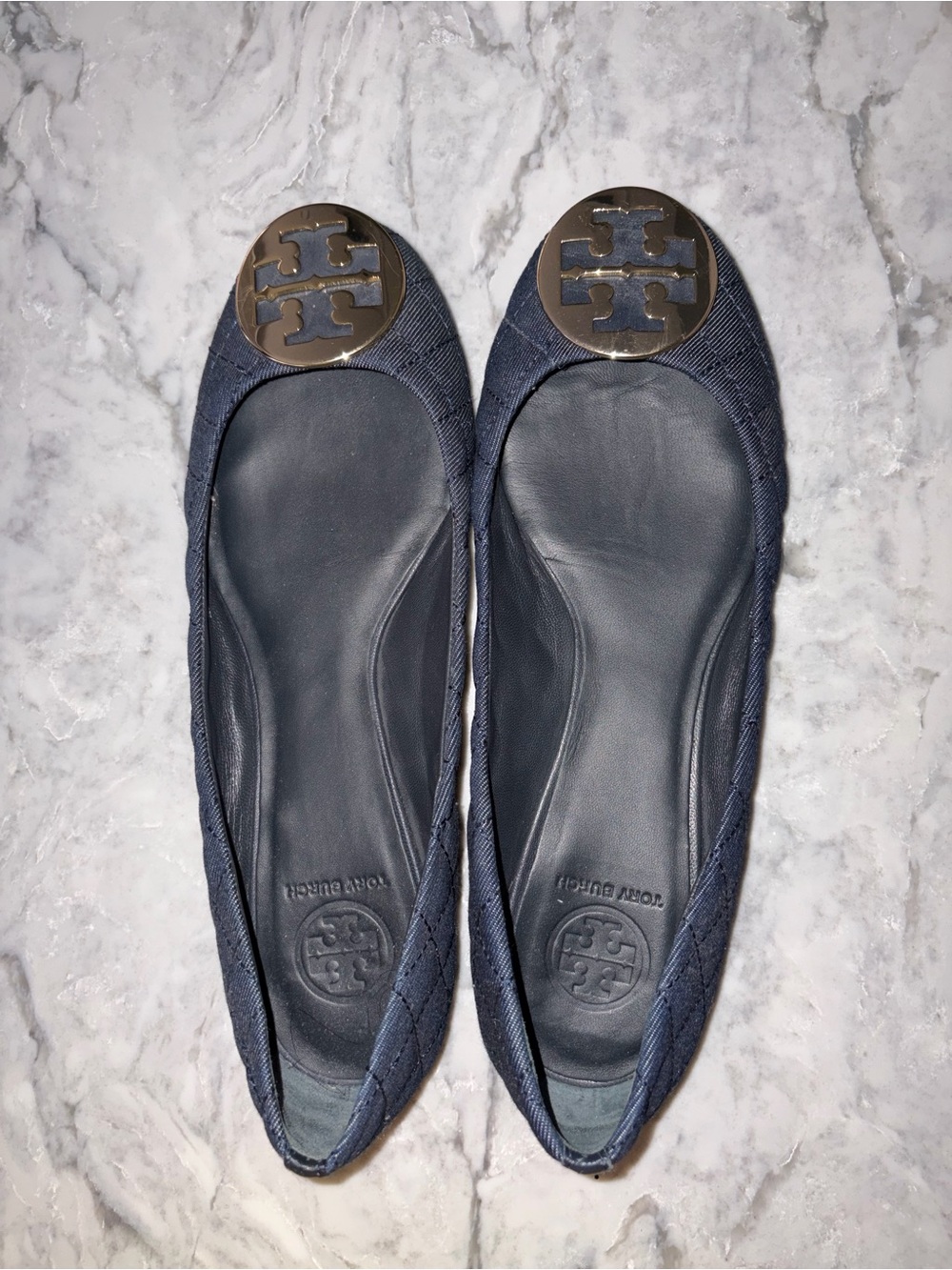 Tory Burch Navy Quilted Logo Cap-Toe Flats with Gold Medallion